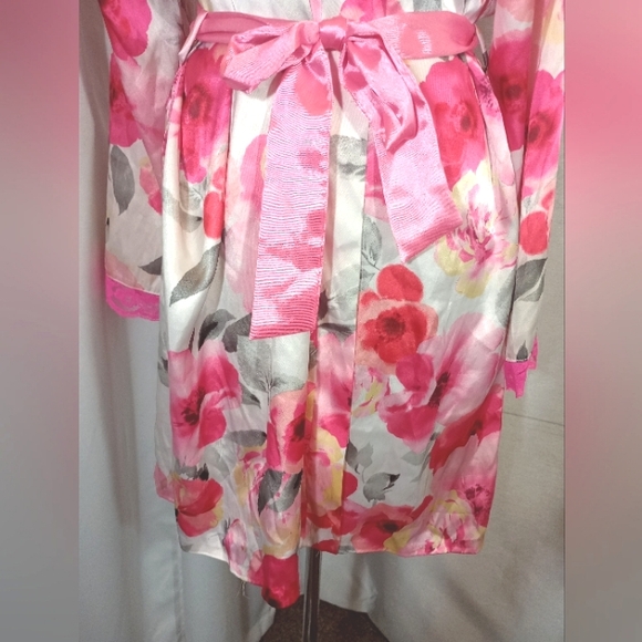 2Pc:Rose Satin Robe+Slip: Floral Pinks & White, Satin+ Lace, Tie, Straps, M - Picture 9 of 16
